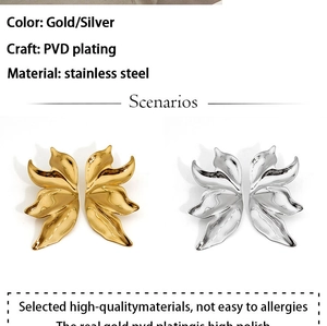 Detail showing 316L stainless steel leaf earrings in gold and silver PVD plating