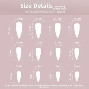 Size chart showing 12 different dimensions for long stiletto press-on nails set