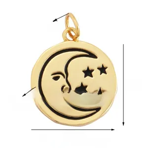 Detail view of a 16mm gold celestial pendant featuring a crescent moon and stars design