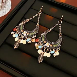 Vintage Bohemian Moon Dangle Earrings Alloy Enamel Rhinestone With Steel Earring Post Colorful Beads Tassels For Women