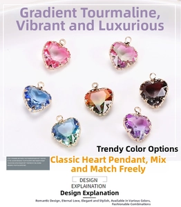 Macro detail of heart shaped crystal pendants with gradient zircon and gold plated metal claw