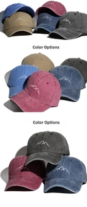 Detailed color show of washed cotton baseball caps with mountain embroidery in multiple tones