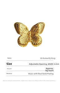Detailed macro view of 3D gold butterfly ring with 3.2cm width and adjustable open band