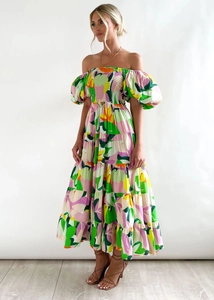 Close-up of vibrant floral print and tiered ruffle hem on this summer maxi dress