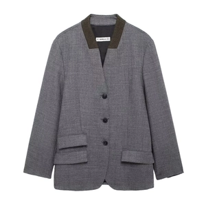 Women Blazer Jacket Polyester Tweed Contrast Brown Lapel Single Breasted Loose Fit Vintage Office Career Outerwear Grey