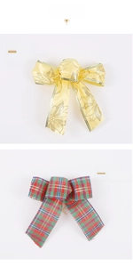 Detail of festive Christmas bows featuring gold floral patterns and colorful plaid fabric