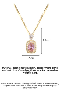 Detailed close-up of a square pink gemstone necklace with brilliant micro-pave crystals