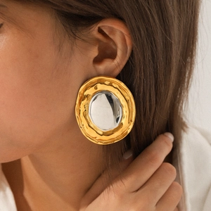 Two-tone gold and silver stainless steel geometric earrings with hammered texture