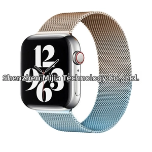 Detail view of Milanese loop metal strap with gradient rose gold and blue for Apple Watch