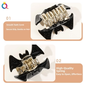 Detail of glittery black bat hair claw clip showing smooth teeth and strong metal spring