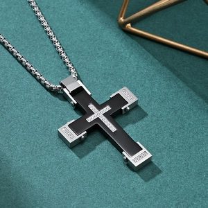 Punk style cross necklace set with silver bead chain and crystal inlaid pendant
