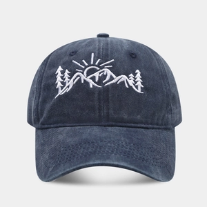 Vintage washed cotton baseball cap with mountain and sun embroidery in charcoal grey