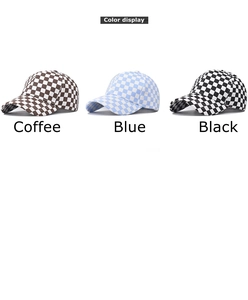 Three-color checkerboard cotton baseball caps in coffee, blue, and black displayed on white