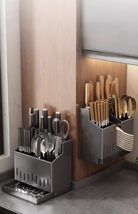 Close-up of stainless steel kitchen organizer with removable drip tray and dual-mount design