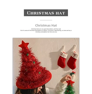 Creative red tinsel Christmas tree hat with green pom-poms and a star for party decor