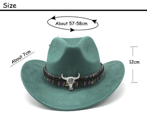 Detailed view of lake green suede western cowboy hat with size chart and ethnic band