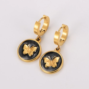 Golden hoop earrings with black circular butterfly pendants in minimalist stainless steel