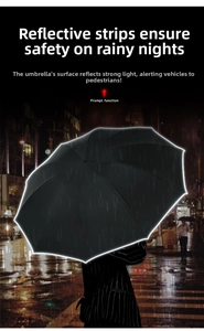 Detail showing the 1cm high-visibility reflective edge strip on the black umbrella