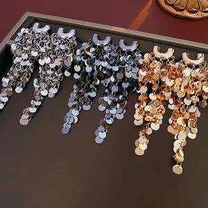Boucles d'oreilles bohèmes en U avec pampilles à paillettes argent doré et bronze noir
