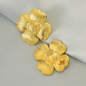 Macro shot of 18k gold plated sunflower stud earrings with textured relief detail