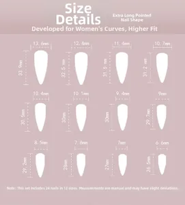 Größentabelle für 24 Stiletto-Kunstnägel mit detaillierten Maßen für alle 12 Größen
