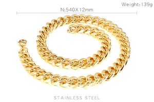 Detail view of 12mm gold stainless steel Cuban link chain with 540mm size specifications
