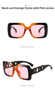 Front and side views of square sunglasses with black-orange frames and pink lenses