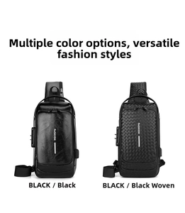Detail of black crossbody sling bags featuring smooth and woven textures with anti-theft locks