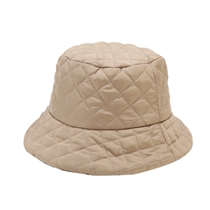 Quilted khaki winter bucket hat with white stitching and insulated diamond pattern