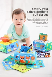 Interactive tissue box toy set for babies featuring soft fabric books with animal themes