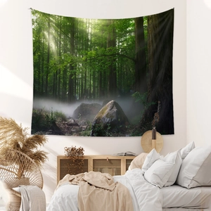 Modern wall tapestry featuring a misty forest morning landscape for home living room decor