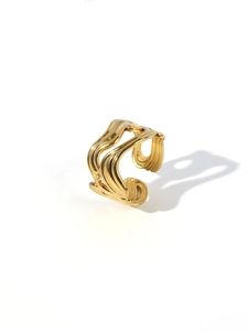Macro detail of 18k gold plated stainless steel ring with hollow wave design