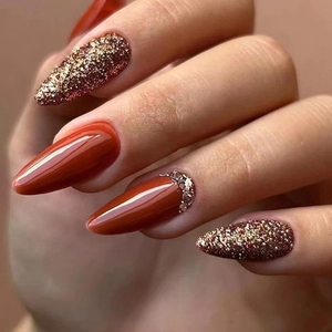 Faux Ongles Amande Champagne Or Brun Pailleté Fini Brillant Avec Strass Et Künstliche Perles Style Élégant Pour Femmes
