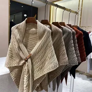 Women Knitted Shawl Cape With Leather Buckle Vintage Soft Solid Color Wrap Scarf For Office Air Conditioning