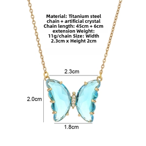 Blue crystal butterfly pendant necklace with golden chain showing 45cm length dimensions