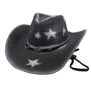 Detail of dark gray cowboy hat with leather band, Hand of Fatima and Evil Eye charm