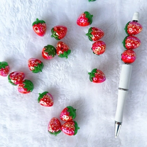 3D acrylic red strawberry beads with green leaves for DIY jewelry making and phone charms