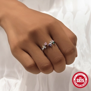 Adjustable S925 sterling silver branch ring with colorful zircon floral buds