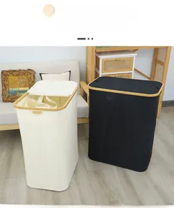 Detail of oxford fabric laundry basket with bamboo frame and removable inner liner bags