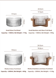 Detailed size chart for vertical stripe glass fruit bowl with capacity and weight info
