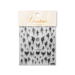 Relief nail art stickers featuring dark butterfly and gothic cross designs on white background