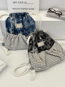 Large drawstring backpack with plaid patchwork and tie-dye patterns for students
