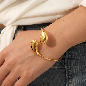 Stainless Steel Cuff Bracelet 18K Gold Plated Teardrop Waterdrop Minimalist Open Adjustable Modern Elegant Jewelry Women