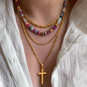 Layered 18k gold plated necklace set with colorful beads and cross pendant on model