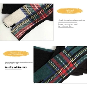 Detailed view of the wool-blend fabric and red blue tartan pattern on winter gloves