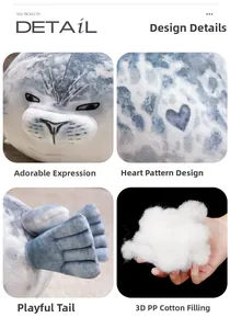 Detail view of plush seal doll features, heart pattern, tail, and soft PP cotton filling