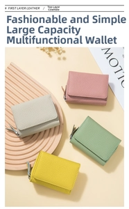 Top grain leather tri-fold wallets with litchi texture and metal zippers in multiple colors