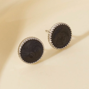 French vintage 18K gold-plated 304 stainless steel round earrings with black onyx texture