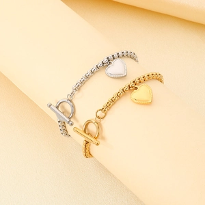 Lussuoso bracciale a cuore in acciaio inossidabile con catena di perle e chiusura OT