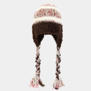 Bonnet d'aviateur tricoté beige rose avec cache-oreilles en polaire marron et tresses